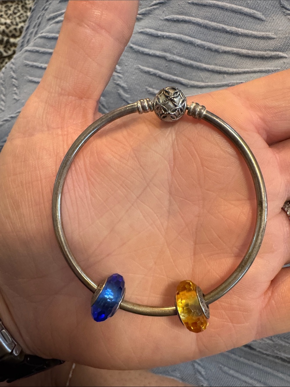 Pandora Silver Bangle with Blue and Amber Beads